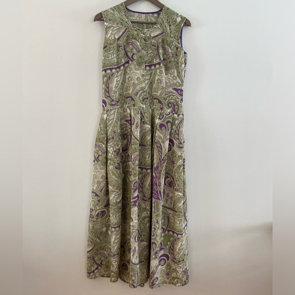 Vintage 70s/80s 1-of-a-kind Light Moss Green + Purple Patterned Floral Maxi
